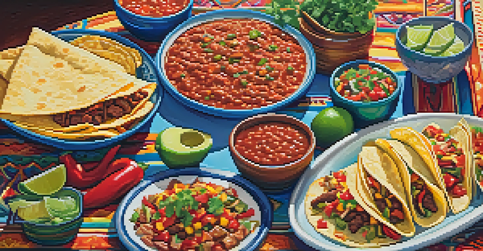 A vibrant spread of Tex-Mex dishes including fajitas and enchiladas on a colorful tablecloth.