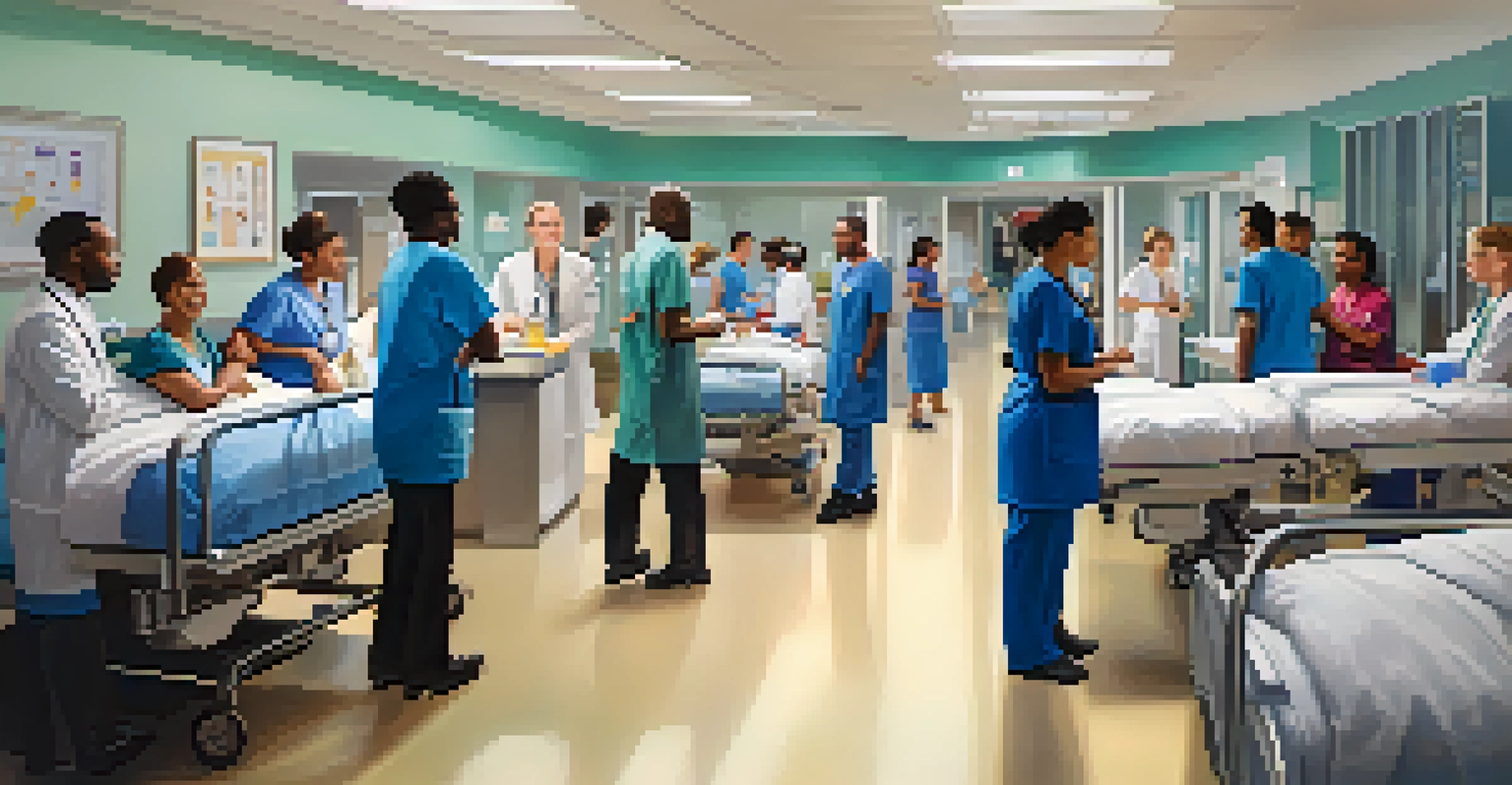 A busy hospital interior in Houston, showing healthcare professionals attending to patients in a warm and vibrant atmosphere.