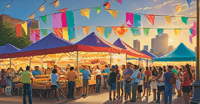 A bustling food festival in Houston with diverse food stalls and happy attendees enjoying various dishes under a warm sunset.