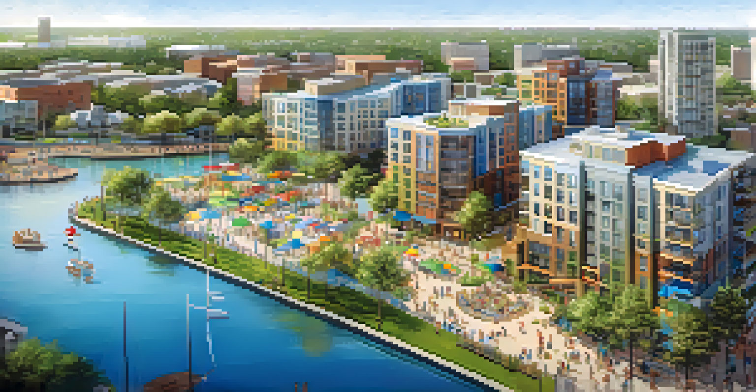 Aerial view of a mixed-use waterfront development in Houston, showcasing residential and commercial spaces, parks, and people enjoying the area.