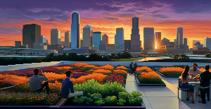Houston skyline at sunset with researchers discussing on a rooftop garden.
