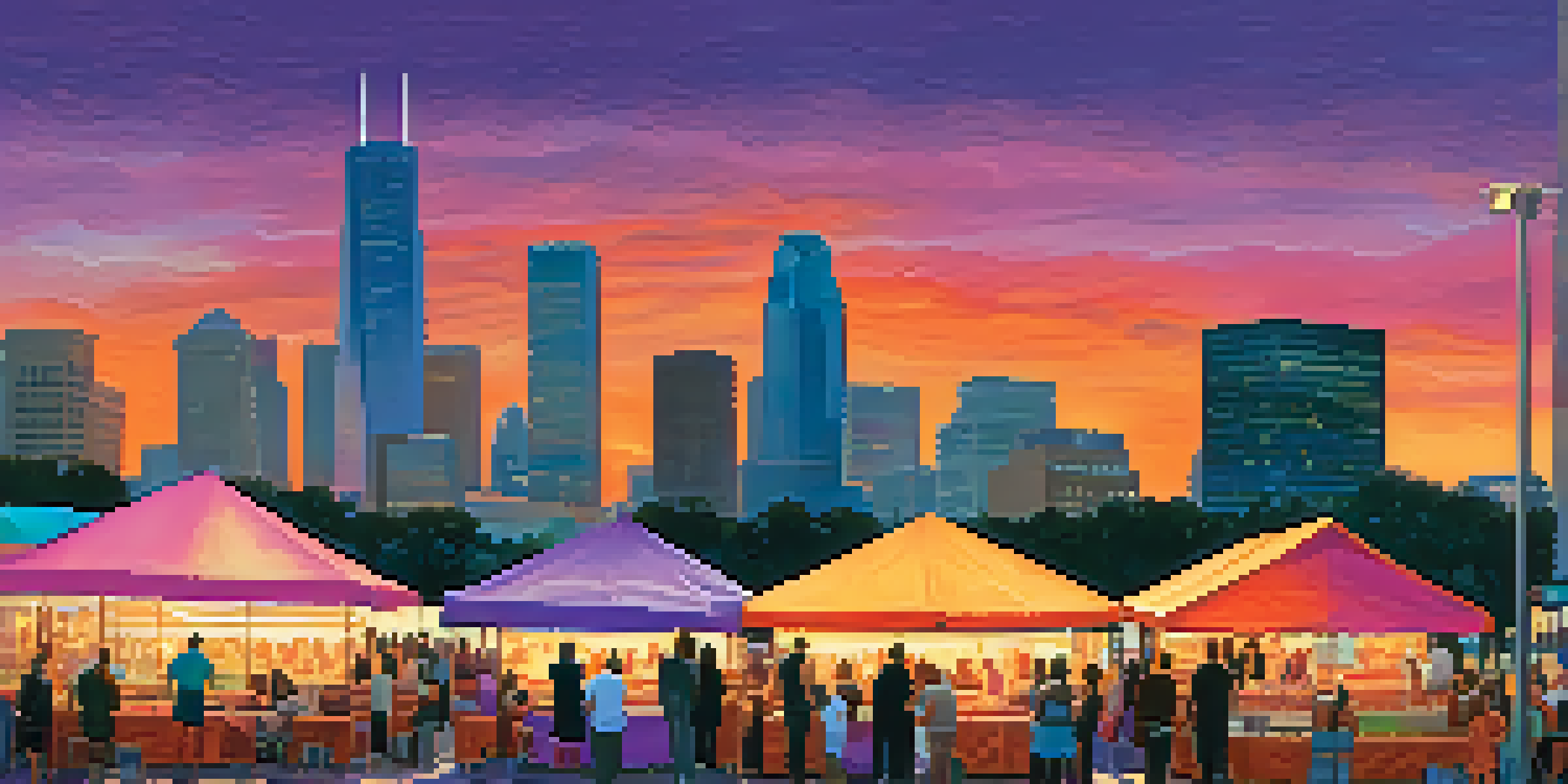 Houston skyline at sunset with people networking in the foreground.