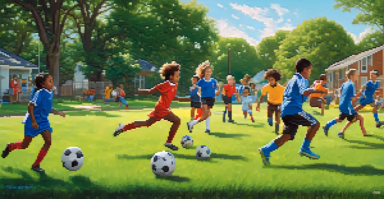 Children playing soccer on a green field in Houston, with parents cheering on the sidelines.