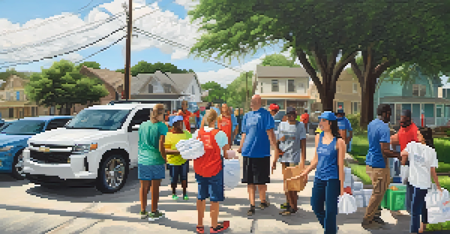 Volunteers in a Houston neighborhood post-Hurricane Harvey distributing supplies and assisting residents, illustrating community resilience.