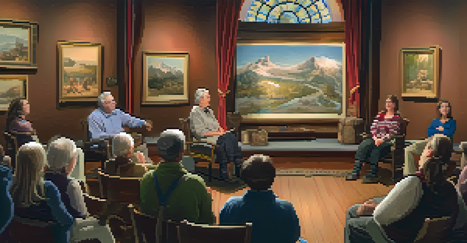 A storyteller in a museum sharing anecdotes with an engaged audience surrounded by historical artifacts.