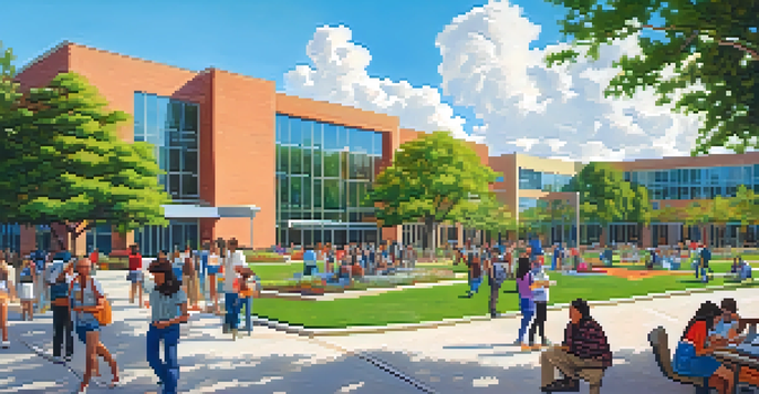 A lively community college campus with students of different ethnicities engaged in activities like studying and interacting with faculty, surrounded by greenery and modern buildings.