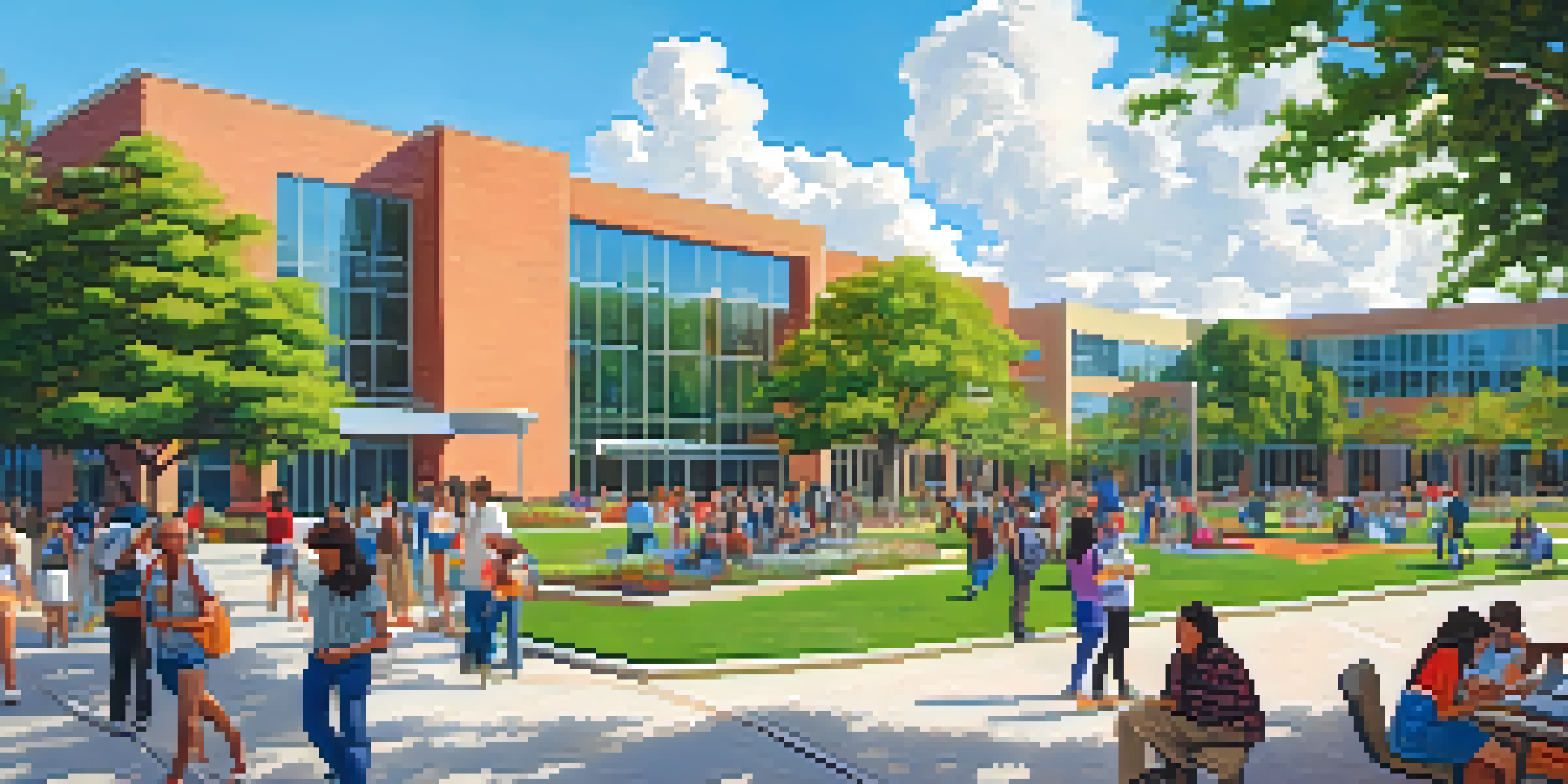 A lively community college campus with students of different ethnicities engaged in activities like studying and interacting with faculty, surrounded by greenery and modern buildings.