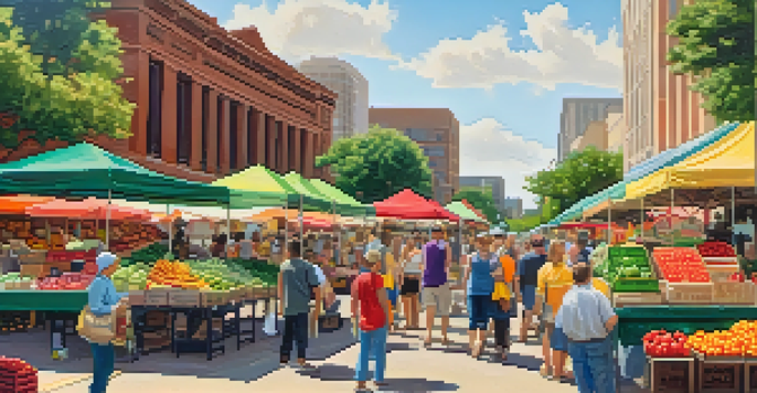 A lively Houston Farmers Market with colorful stalls of fresh produce and friendly vendors, under a sunny sky.