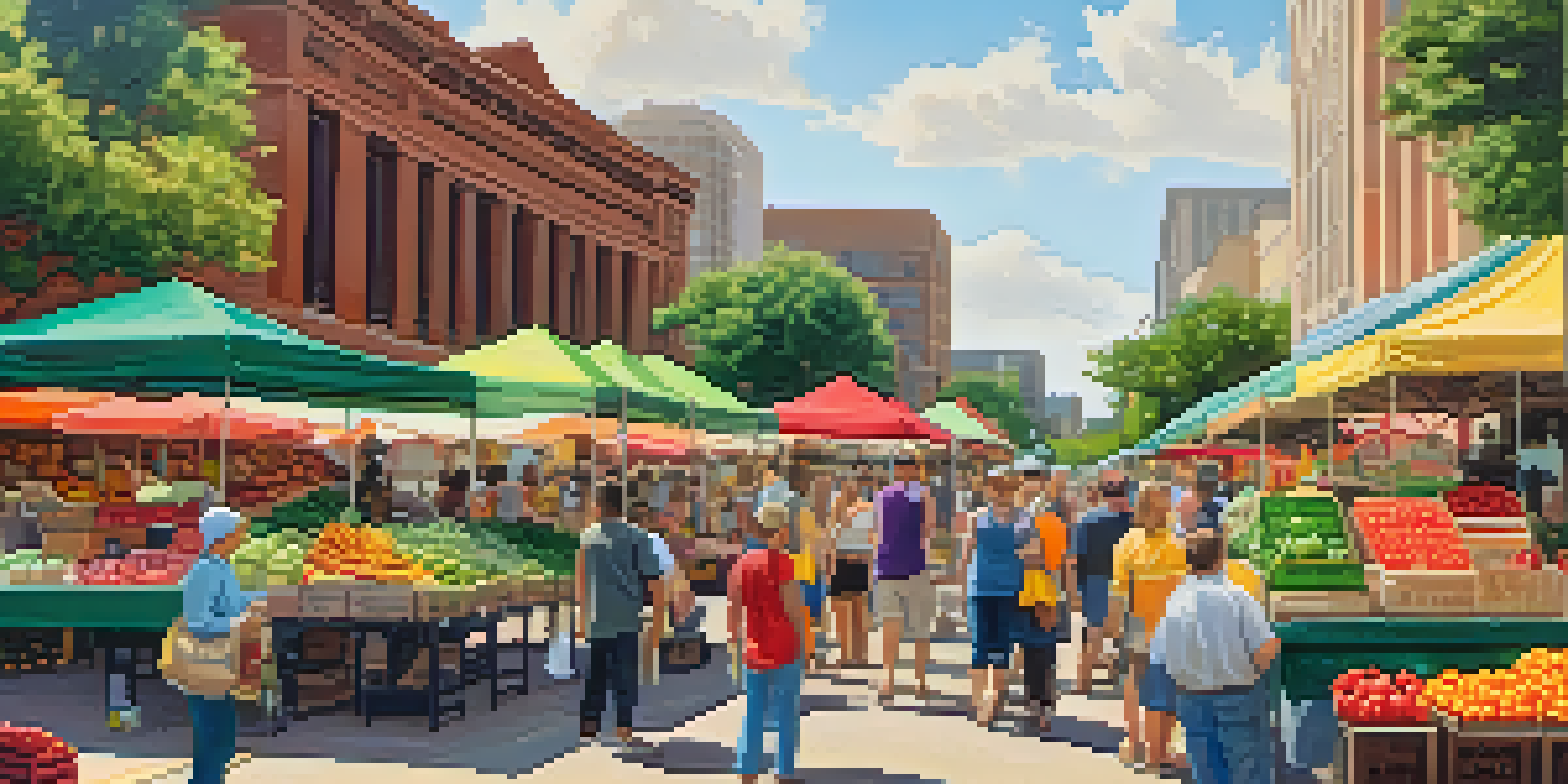 A lively Houston Farmers Market with colorful stalls of fresh produce and friendly vendors, under a sunny sky.