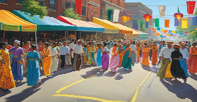 A lively street scene in Houston during a cultural festival, with people enjoying food and traditional performances amidst colorful decorations.