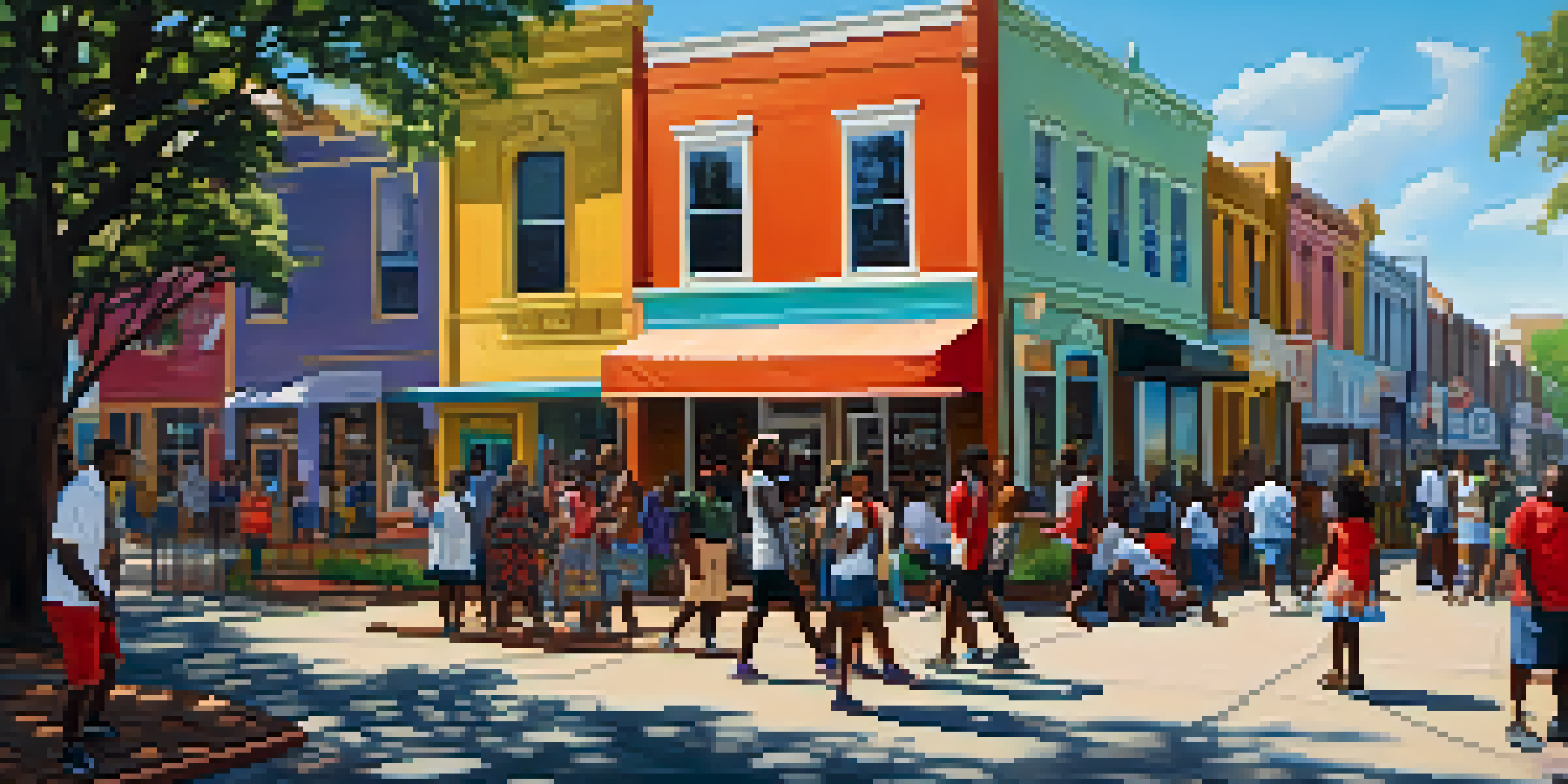 A lively street scene in Houston's Third Ward with diverse African American individuals participating in community activities, surrounded by colorful murals and trees.