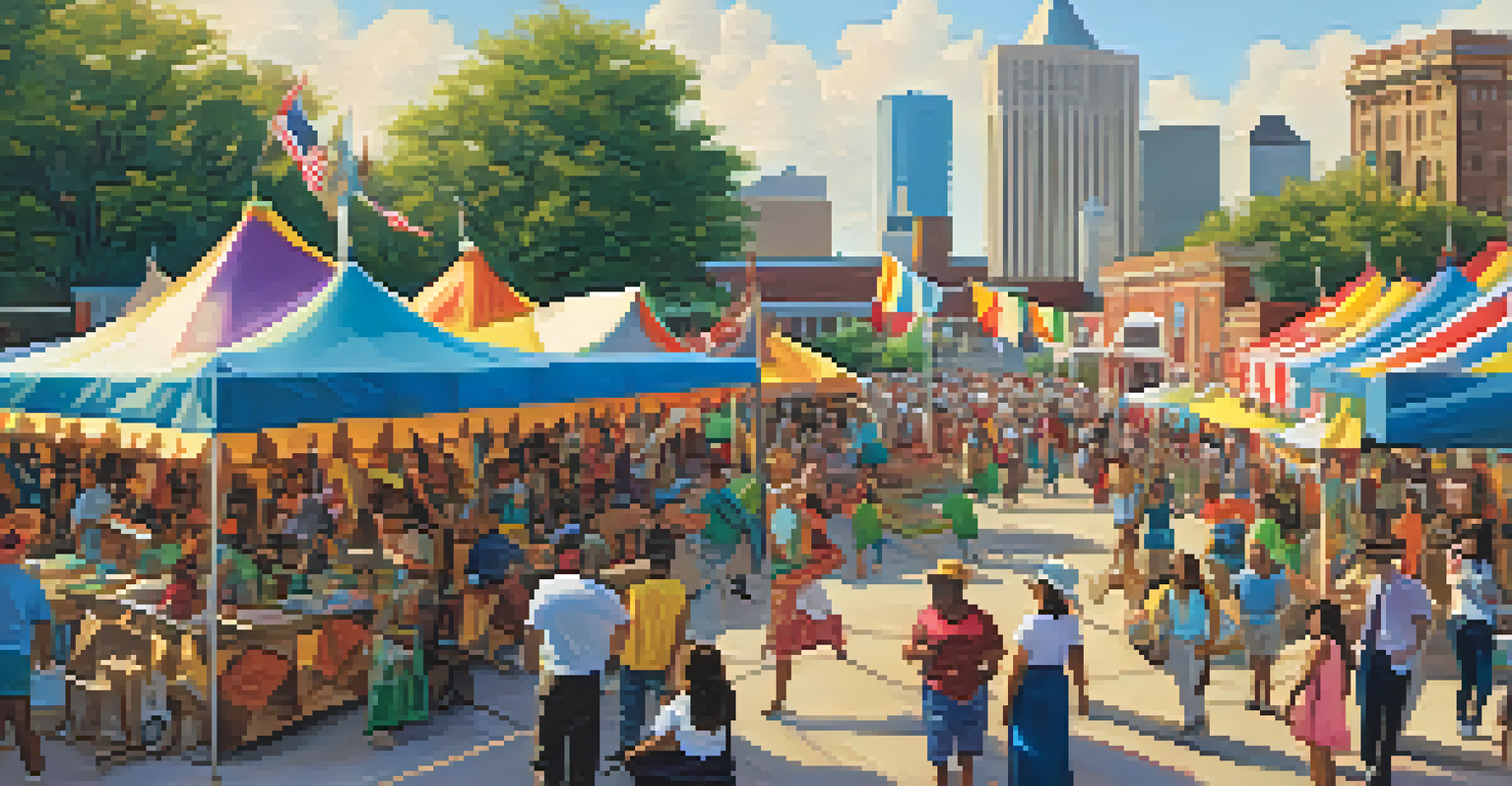 A lively community festival with colorful tents and families enjoying cultural activities in front of a historic building.