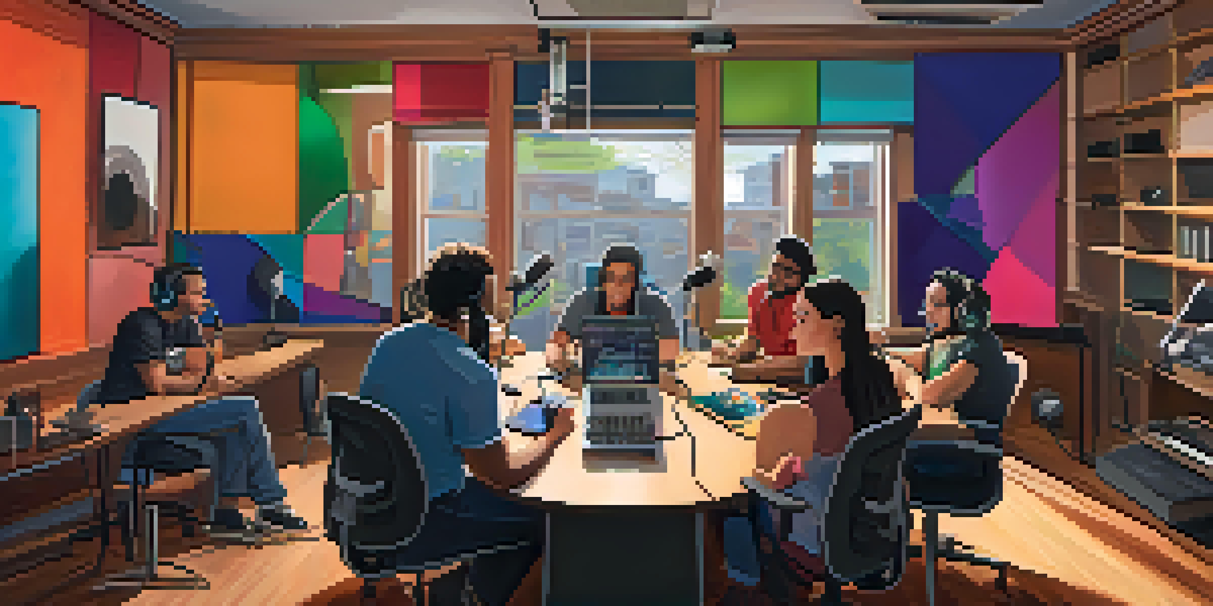 A lively podcasting studio featuring podcasters of various backgrounds discussing around a round table, surrounded by colorful equipment and warm lighting.