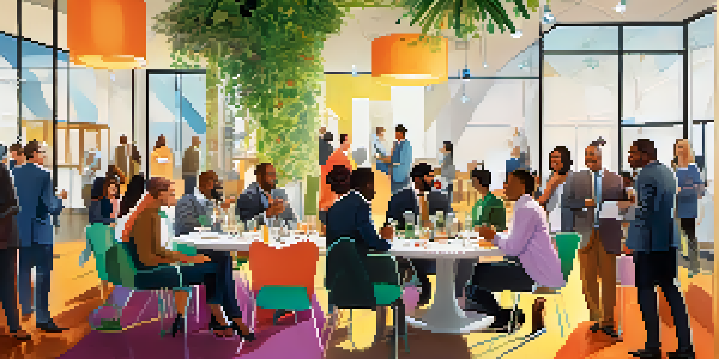 A diverse group of entrepreneurs networking in a modern conference hall, exchanging business cards and engaging in discussions.
