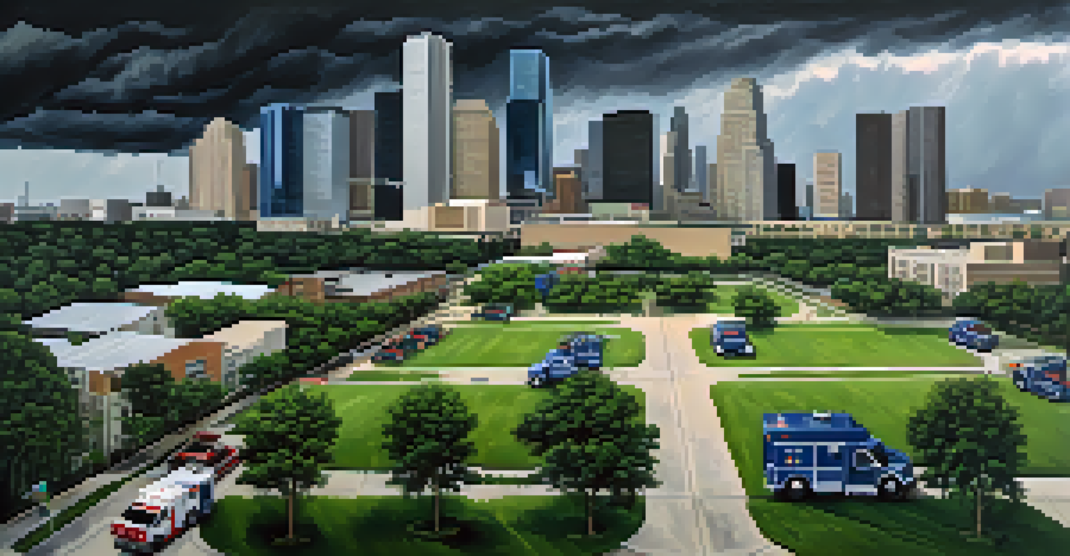 Aerial view of Houston's skyline under dark storm clouds, with emergency response vehicles in the foreground.