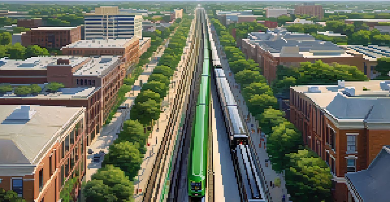 An aerial shot of Houston's light rail network showing the Green Line expansion with trains and surrounding neighborhoods.
