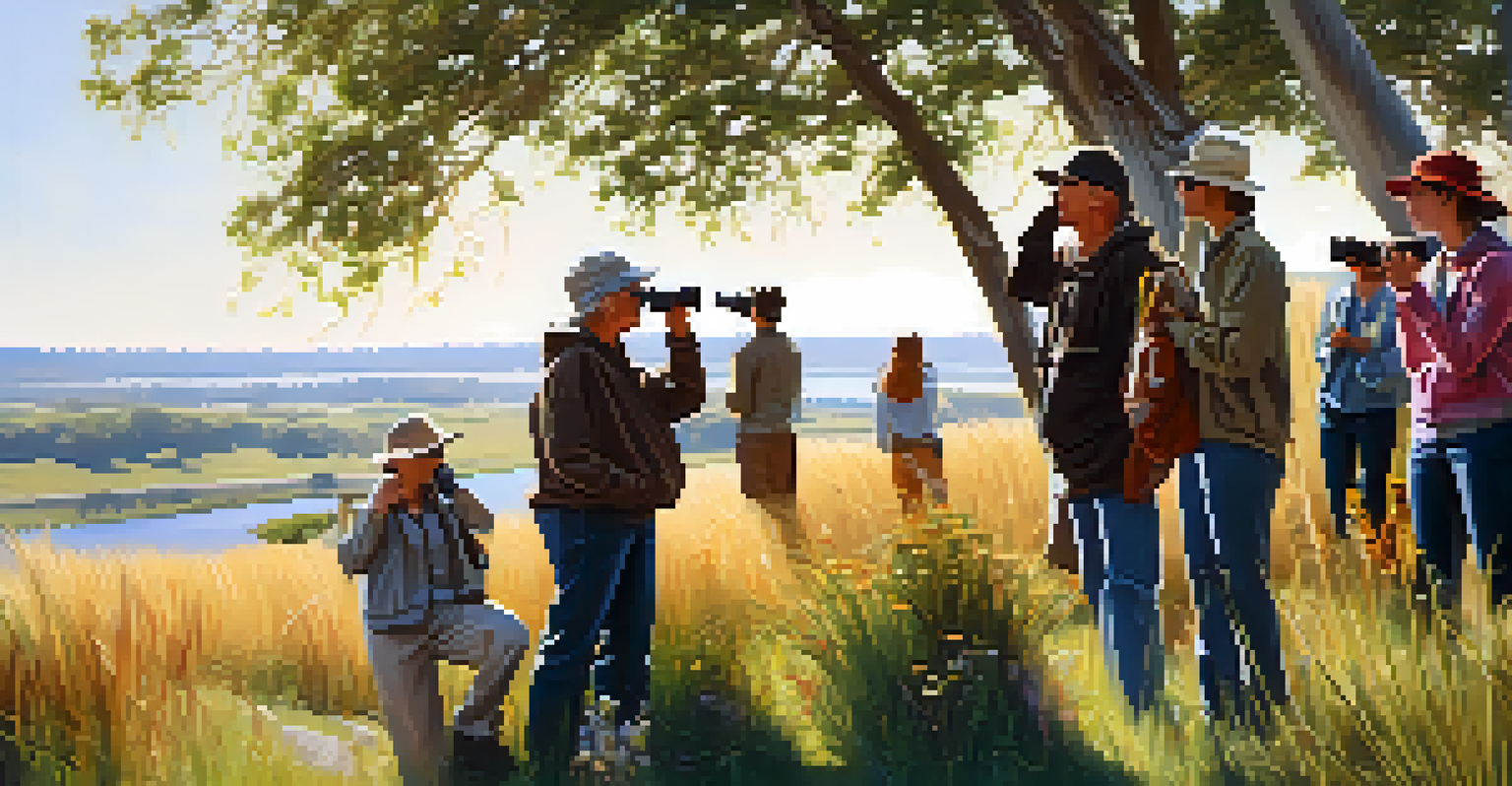 A diverse group of birdwatchers in Memorial Park, using binoculars and enjoying nature, surrounded by tall grasses and wildflowers with sunlight illuminating the scene.