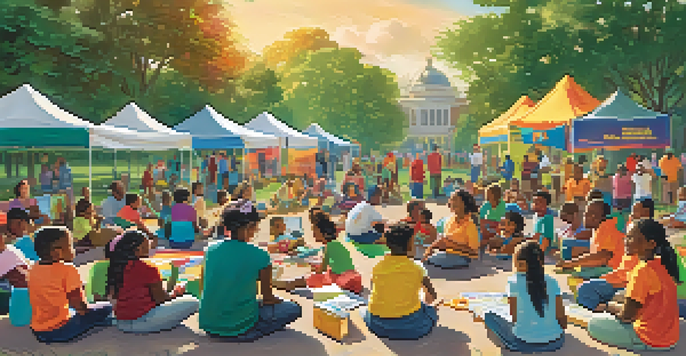 A diverse group of families and volunteers participating in a hurricane preparedness workshop in a sunny park.