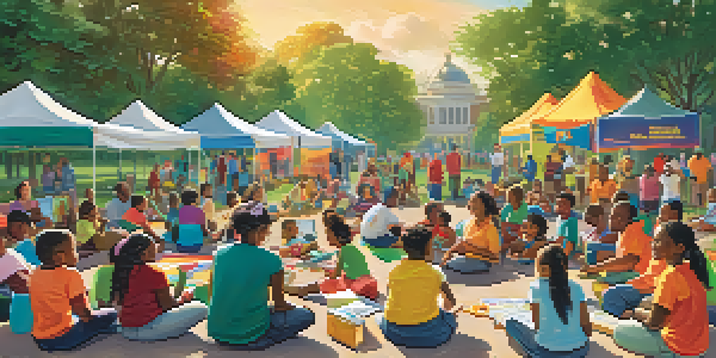 A diverse group of families and volunteers participating in a hurricane preparedness workshop in a sunny park.