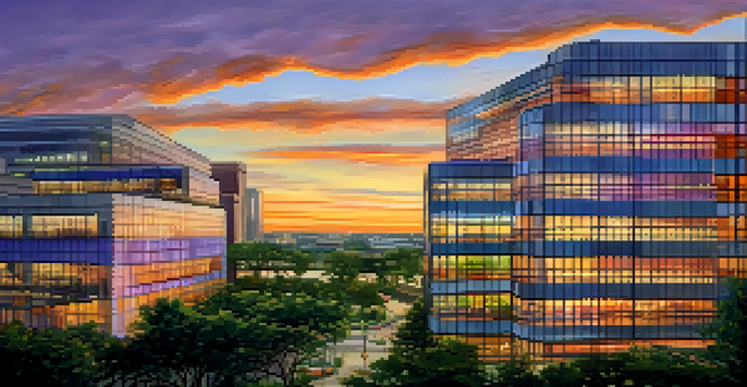 A panoramic view of the Texas Medical Center in Houston during sunset, featuring modern buildings and greenery.