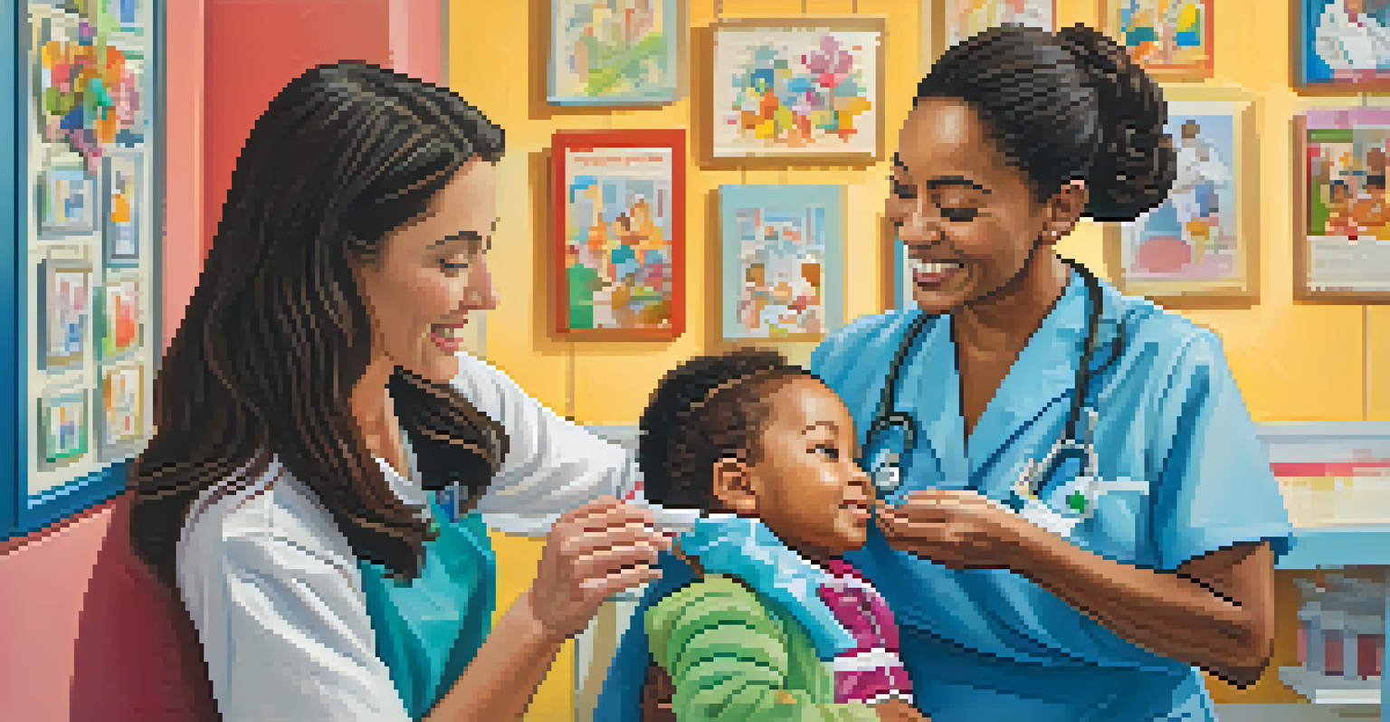 A nurse administering a vaccination to a child in a community health clinic, with a warm smile and colorful decorations in the background.
