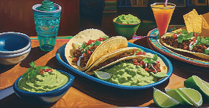 A lively Tex-Mex restaurant with a plate of colorful tacos, queso, and guacamole, and diners in the background.