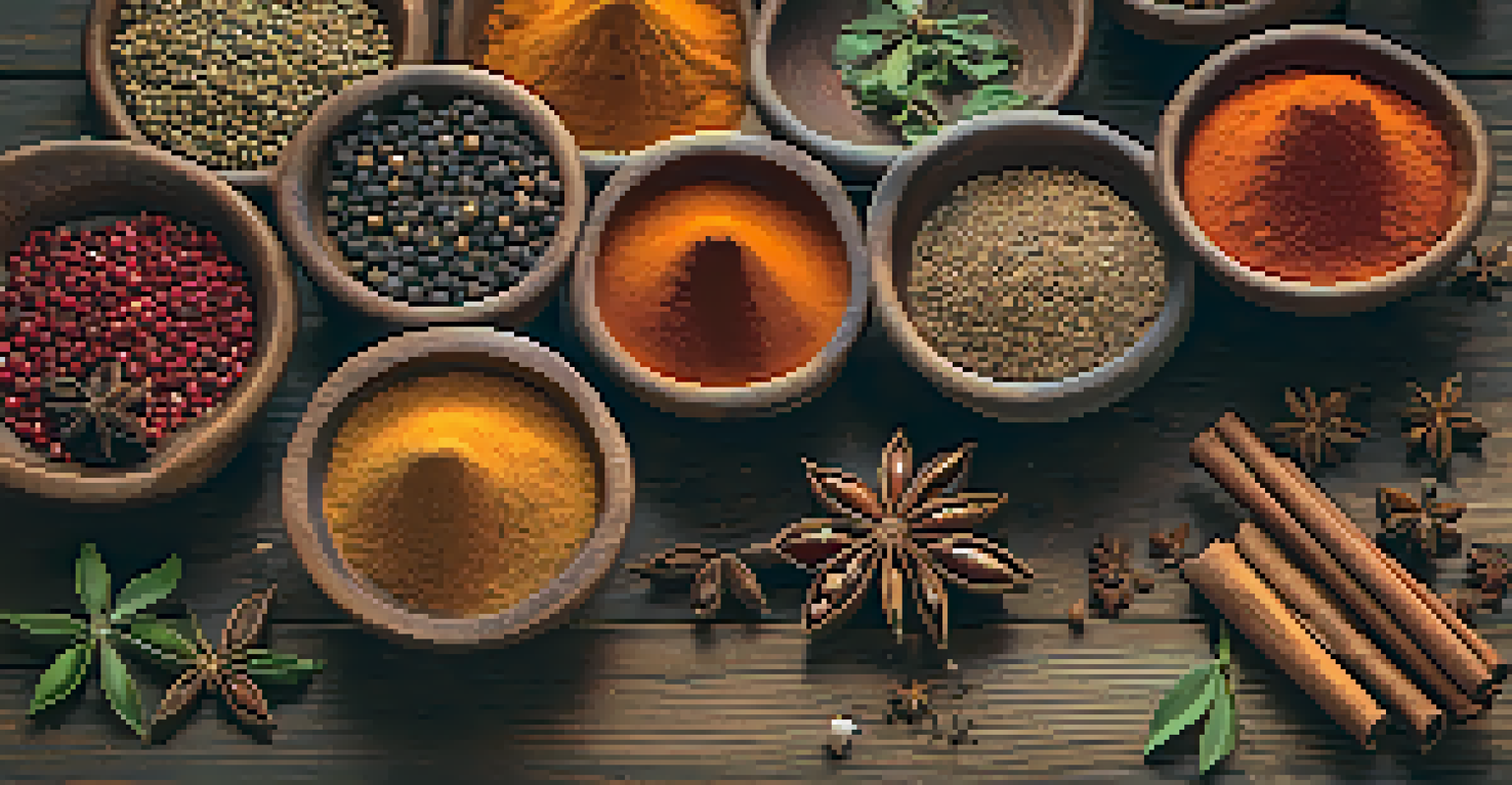 A wooden table with bowls of spices and a mortar and pestle in a rustic setting.