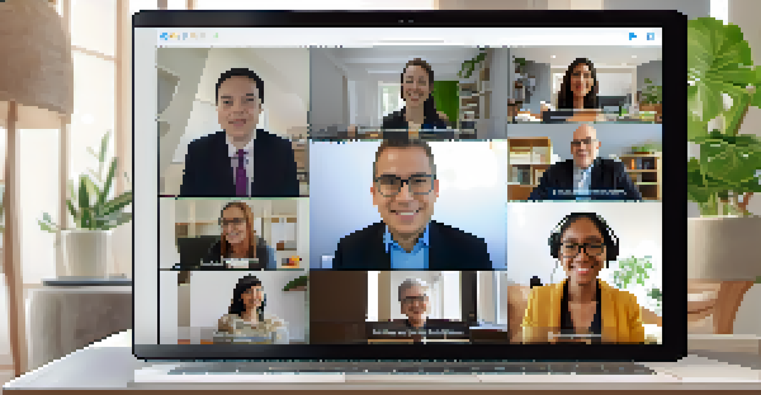A virtual networking event on a computer screen, showing participants engaged in discussion from various home environments.