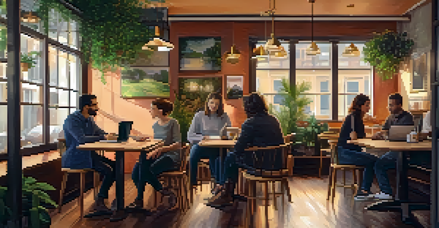 A small group of entrepreneurs meeting in a cozy café, discussing ideas with laptops and notebooks on the table.