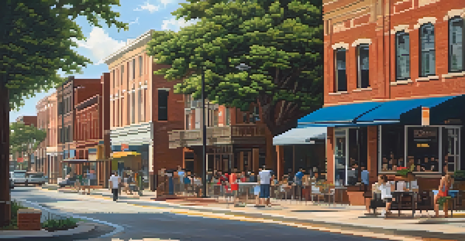 A busy street in Houston's historic East End, showcasing restored buildings, outdoor cafes, and colorful murals, all under bright daylight.