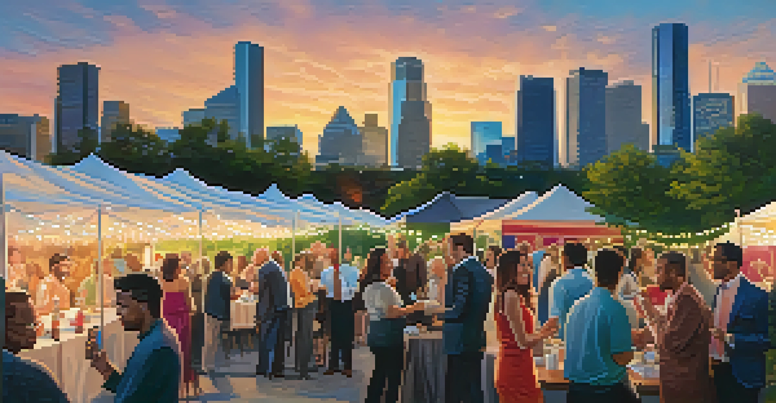 Professionals networking at an outdoor event in Houston with the skyline at sunset in the background.