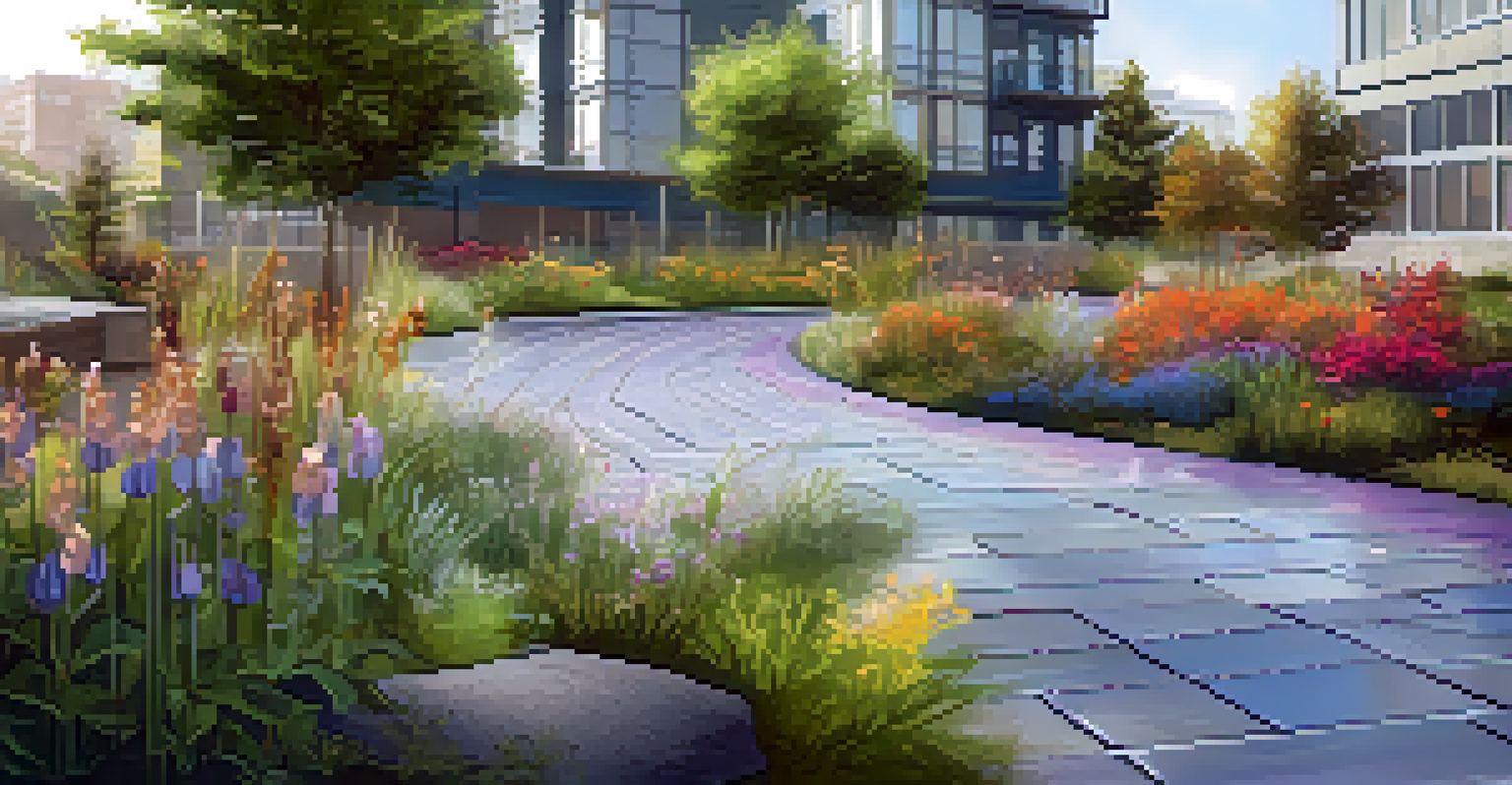 Close-up of a rain garden in a sustainable waterfront project, featuring colorful native plants and permeable pavement under soft natural light.