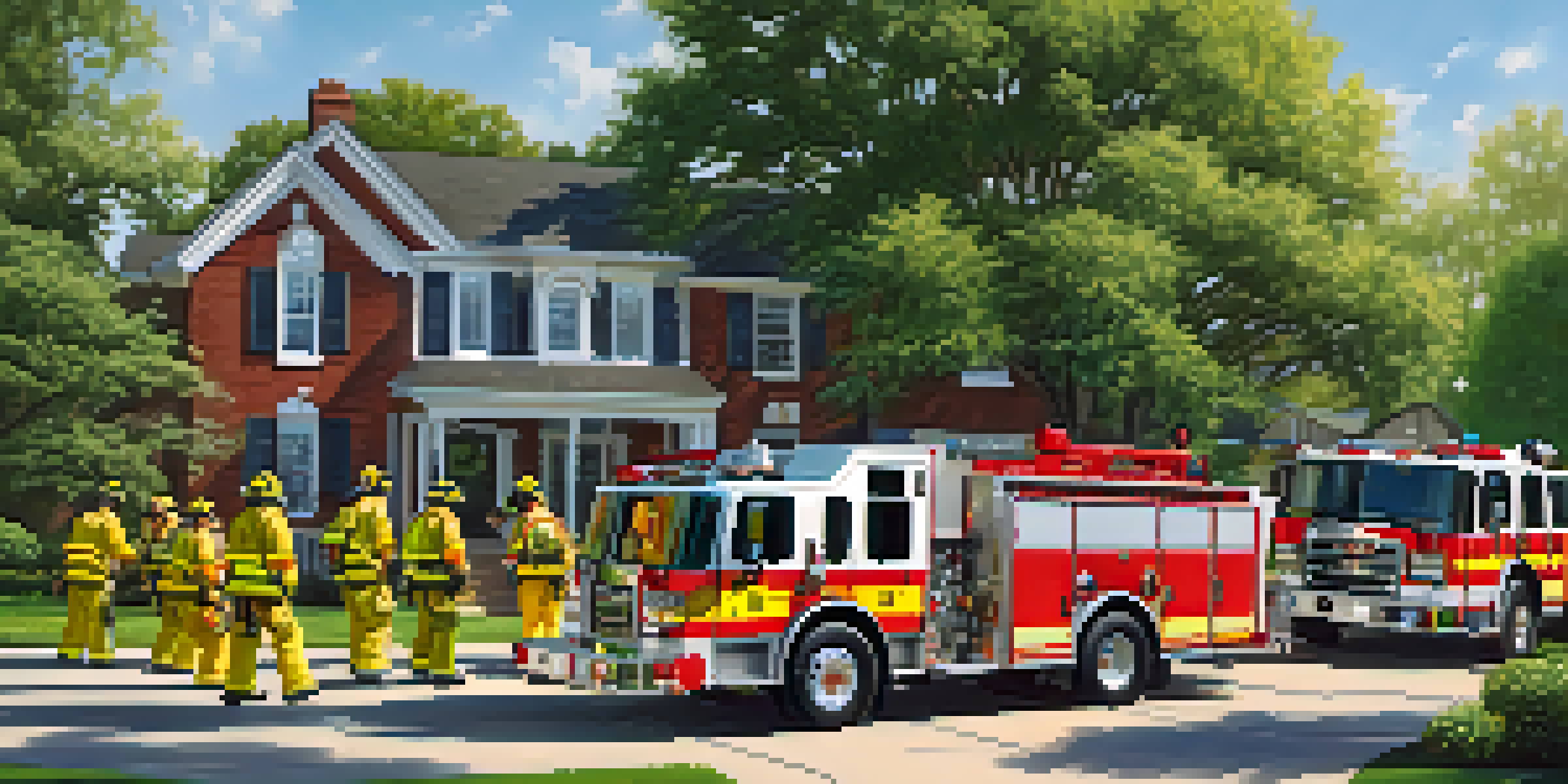 A diverse group of volunteer firefighters in bright yellow uniforms practicing fire suppression techniques in a suburban neighborhood.
