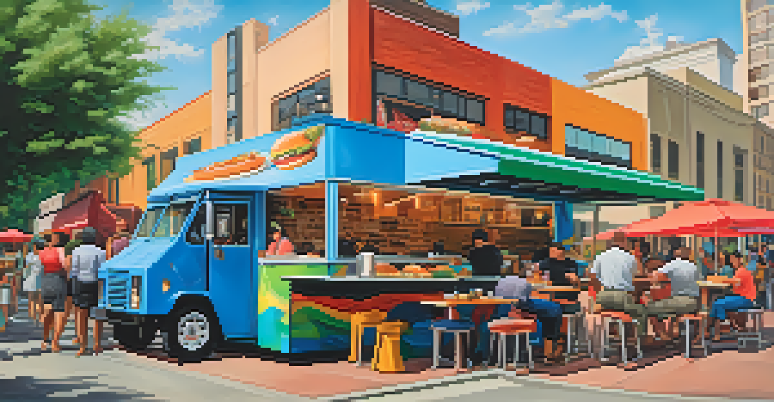 A lively street scene in Houston with colorful food trucks serving gourmet burgers and fusion dishes, surrounded by people enjoying their meals.
