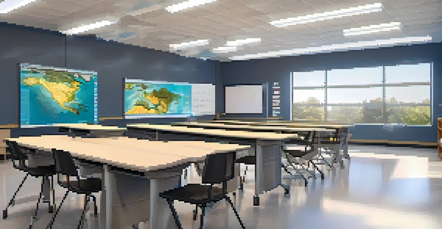 A modern classroom with students using advanced technology for collaborative projects, featuring smart boards and natural light.