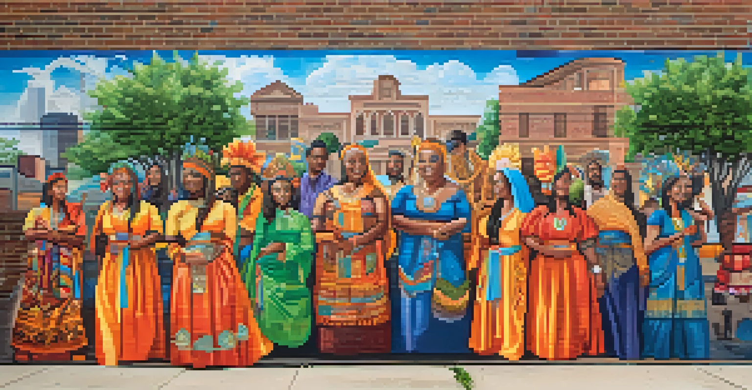 A colorful mural on a brick wall illustrating the cultural diversity of Houston with intricate designs.