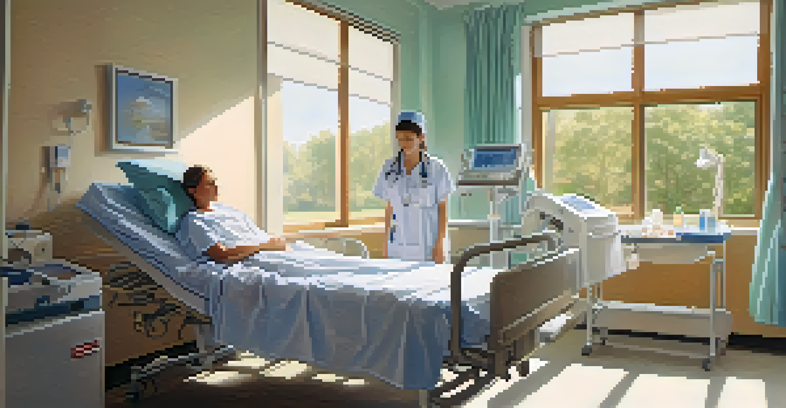 A recovering patient in a hospital room after robotic surgery, with natural light and a nurse attending to them.