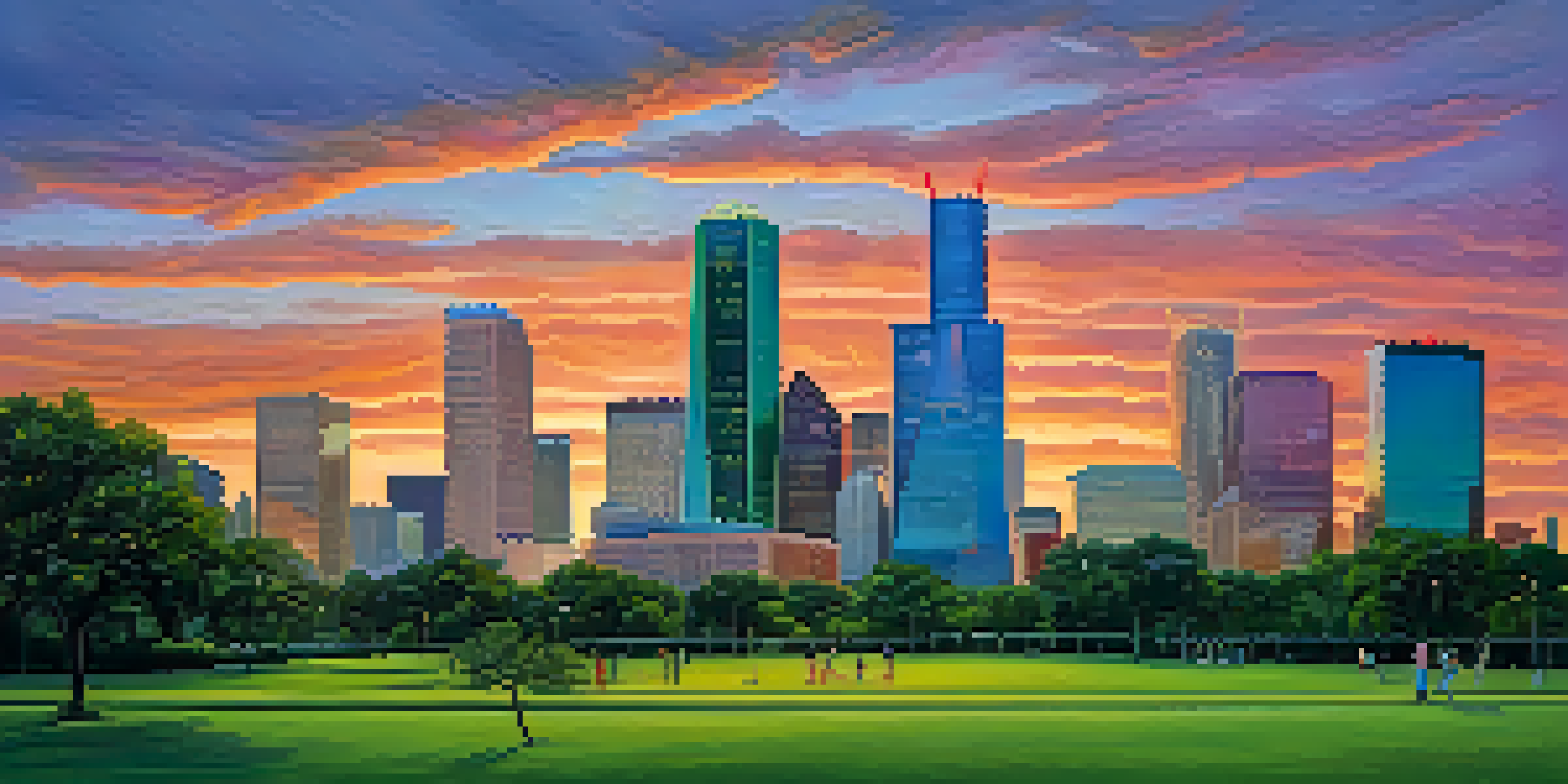 A sunset view of Houston's skyline with colorful skies and a green park in the foreground.