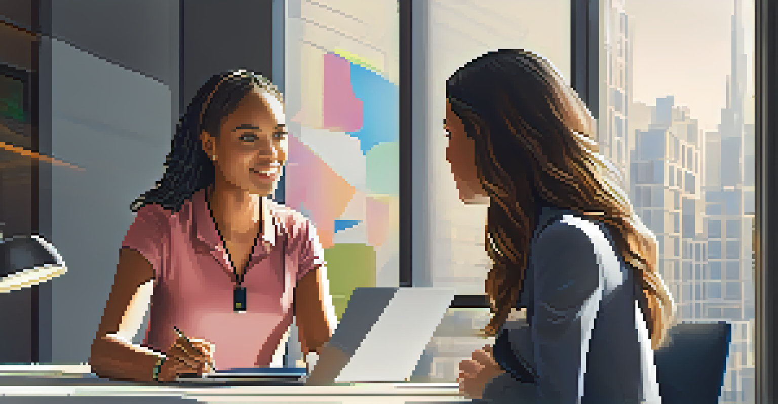 A female mentor guiding a young woman in a modern office, focusing on coding on a laptop.