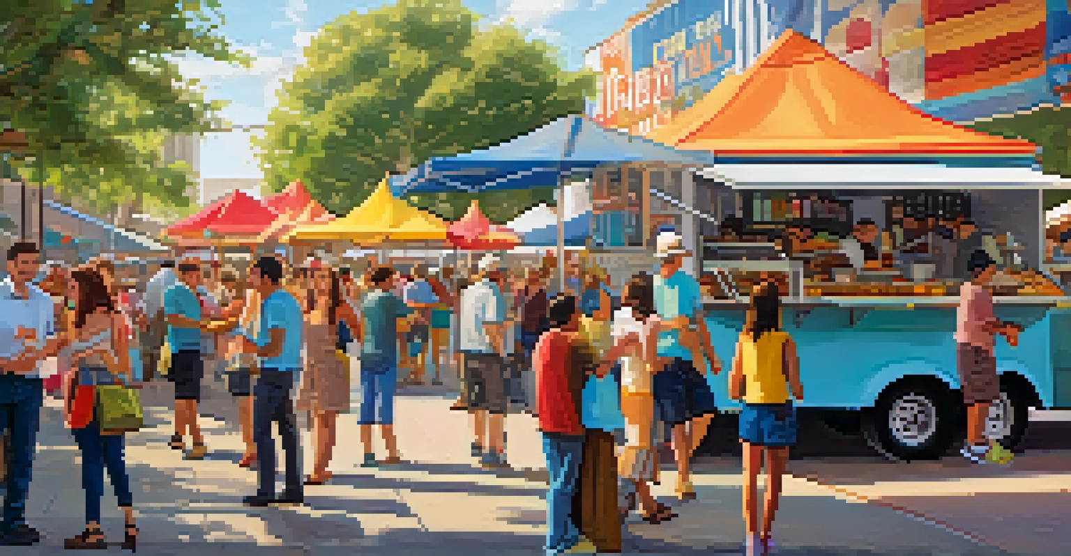 An outdoor food festival in Houston with diverse food trucks and happy attendees enjoying various cuisines under bright sunlight.