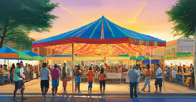 A lively outdoor festival at a community center in Houston, with diverse attendees enjoying food, art, and performances under a warm sunset.