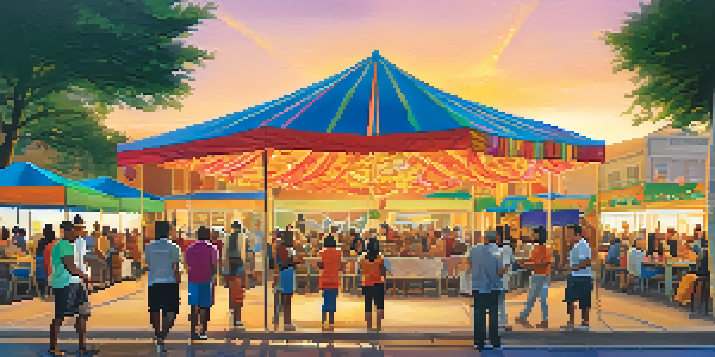 A lively outdoor festival at a community center in Houston, with diverse attendees enjoying food, art, and performances under a warm sunset.