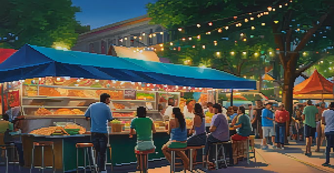 A bustling food truck festival in Houston with diverse people enjoying various cuisines at outdoor tables under fairy lights.