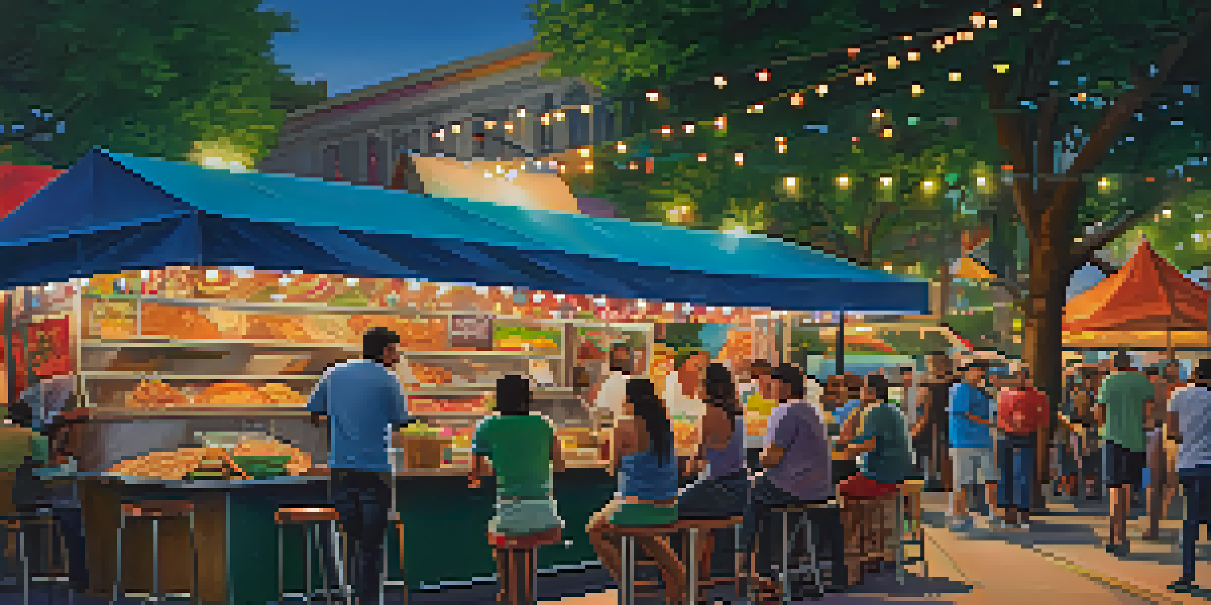 A bustling food truck festival in Houston with diverse people enjoying various cuisines at outdoor tables under fairy lights.