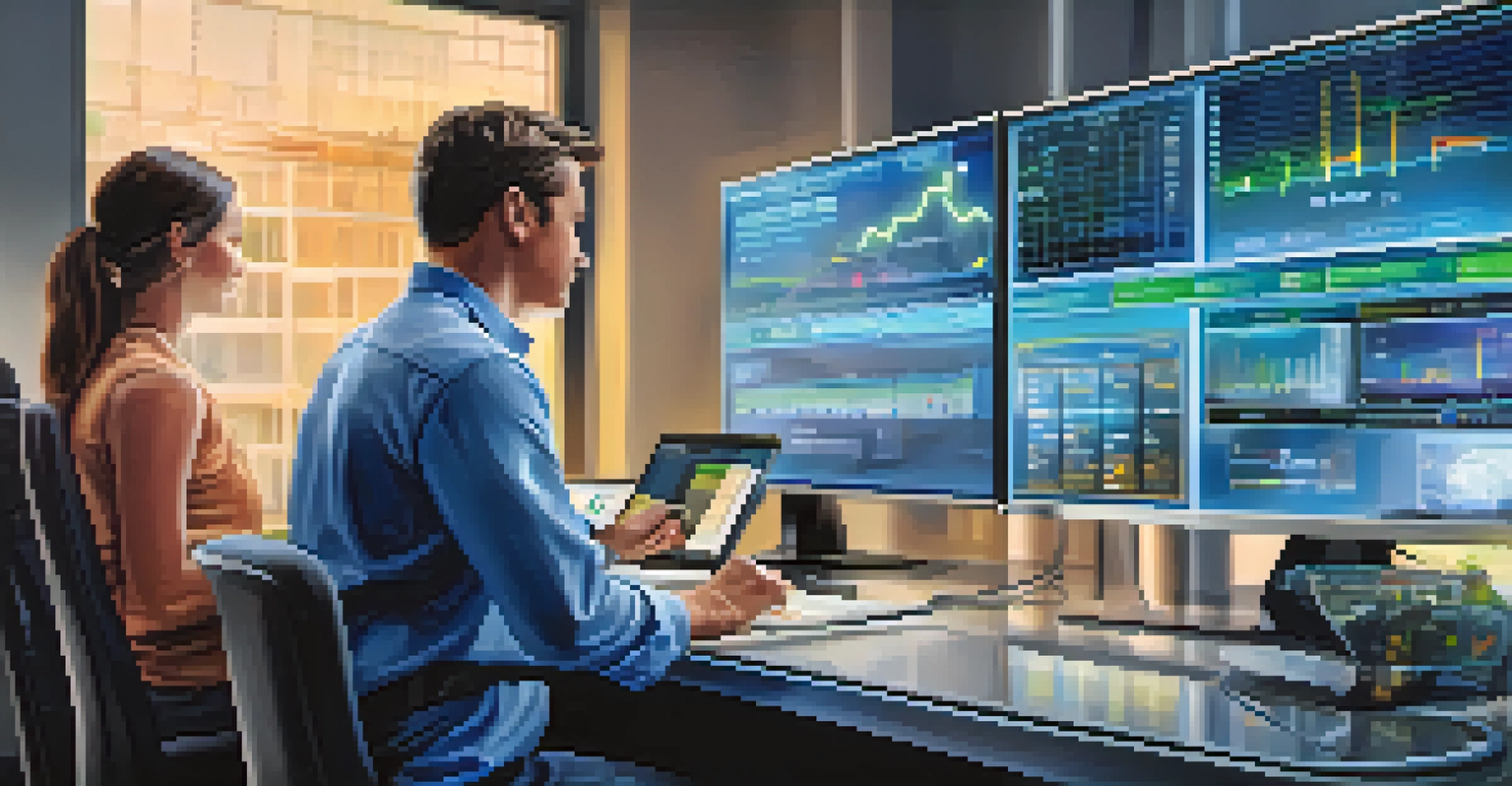 A close-up of a smart grid dashboard showing energy data, with workers collaborating in a modern office environment.