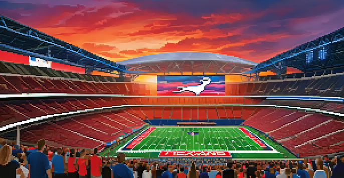 A sunset view of NRG Stadium with illuminated fans in Texans gear and a colorful sky.