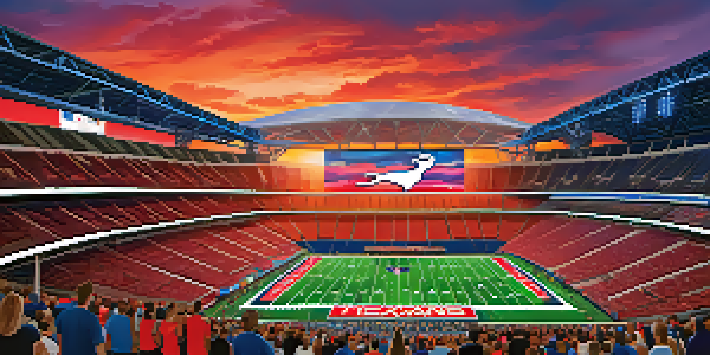 A sunset view of NRG Stadium with illuminated fans in Texans gear and a colorful sky.