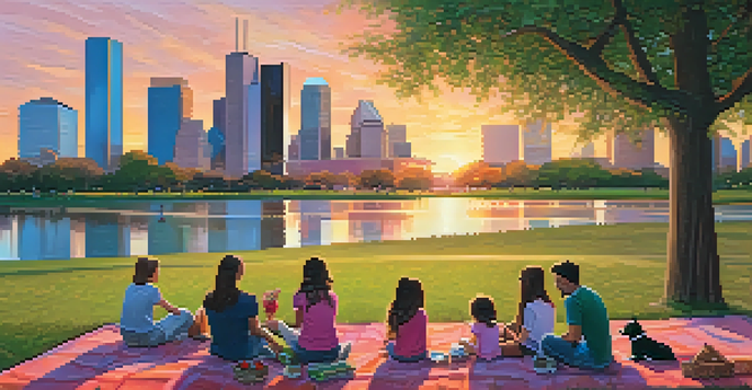 A lively urban park in Houston with families enjoying picnics and children playing, set against a colorful sunset and the city skyline.