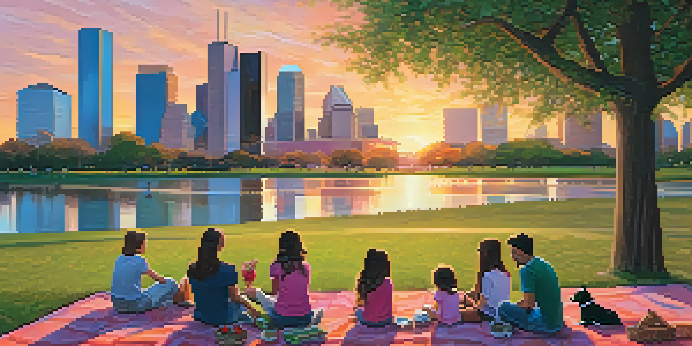 A lively urban park in Houston with families enjoying picnics and children playing, set against a colorful sunset and the city skyline.