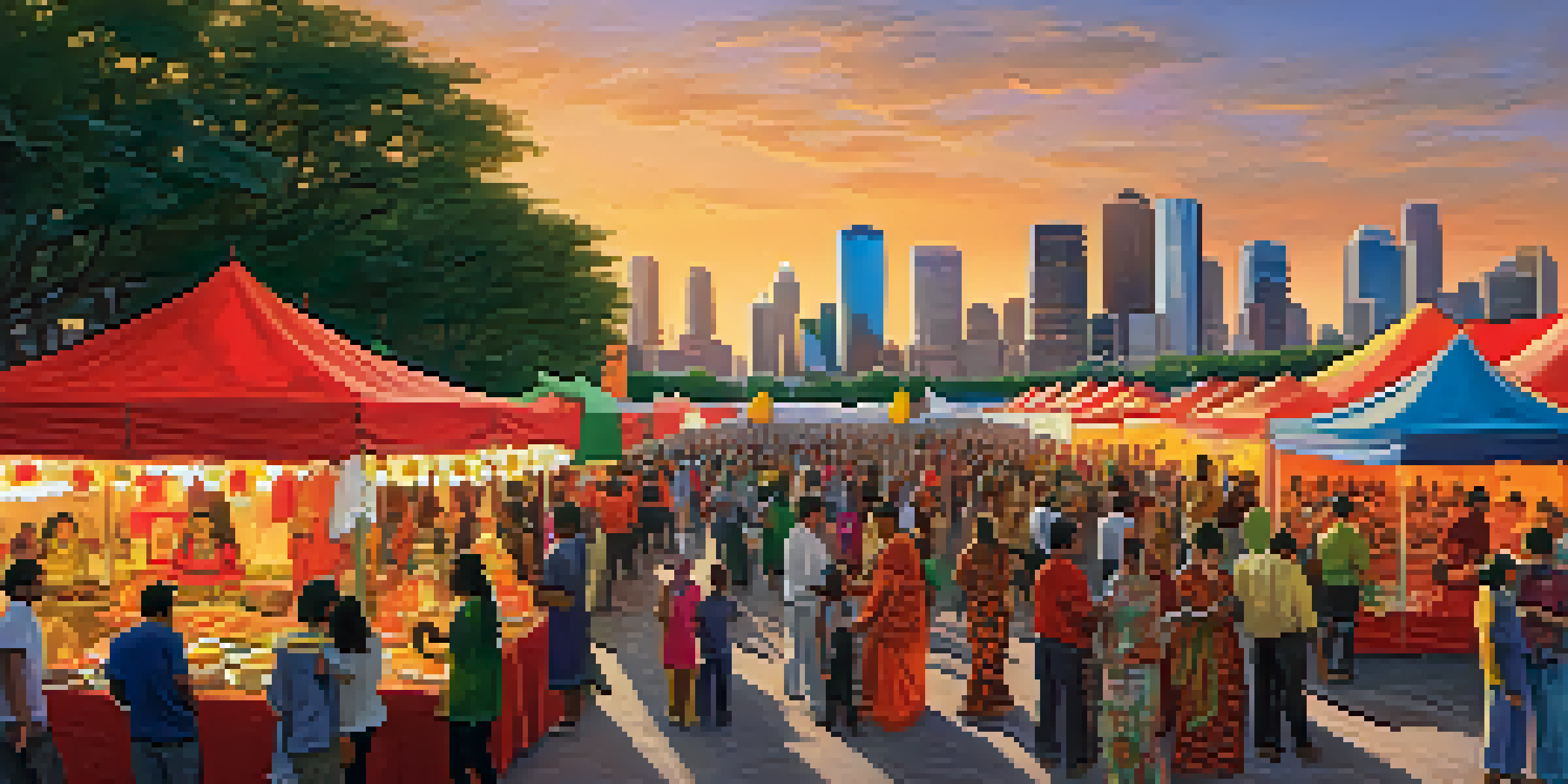 A lively cultural festival in Houston with diverse people, colorful decorations, and food stalls showcasing international cuisines under a sunset.